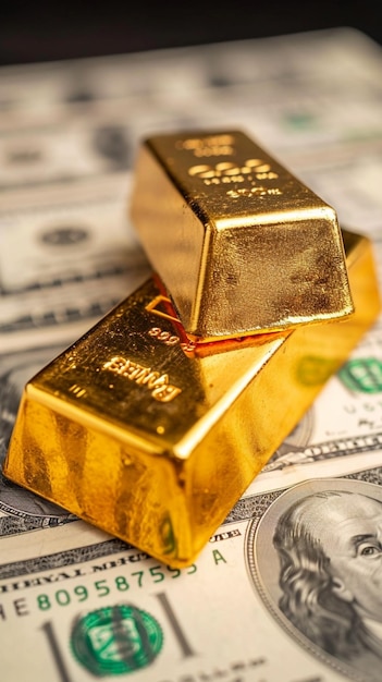 Foto riqueza económica barra de oro en dólares estadounidenses con concepto de gráfico financiero tapa de pared móvil vertical