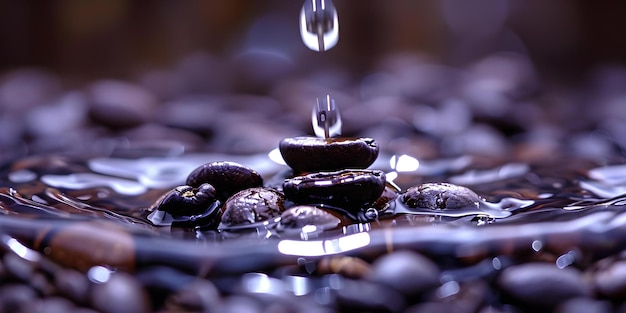 La riqueza de la elaboración de la cerveza Los granos de café empapados en agua goteante Concepto Los granos de café goteando en agua Técnica de elaboración del café Sabor rico