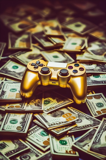 Foto la riqueza de la industria de los videojuegos gamepads rodeados de dinero y éxito
