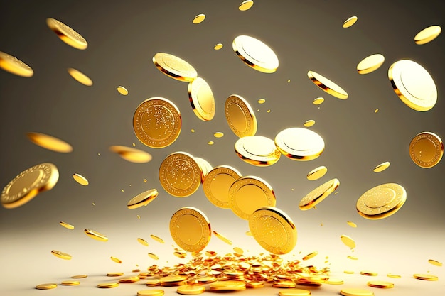 Riqueza y prosperidad en la representación de pequeñas monedas de oro que caen creadas con ai generativo