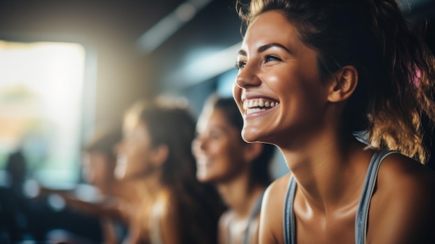 Rir e amigos no ginásio para treinar aulas de Pilates e exercícios felizes no Yim Club