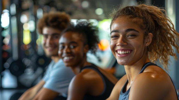 Risa y amistad Amigos jóvenes disfrutando de un descanso en el banco del gimnasio IA generativa