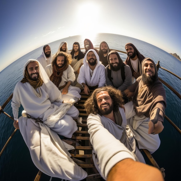 La risa divina capturando a Jesús y a los doce discípulos en una selfie panorámica polar a bordo del Fisherme