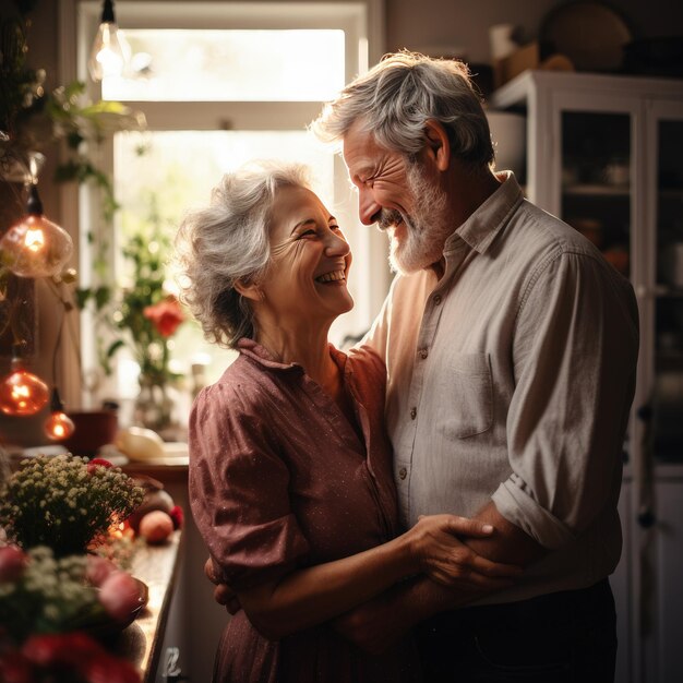 Risa feliz pareja casada hablando riendo sentados juntos abrazándose