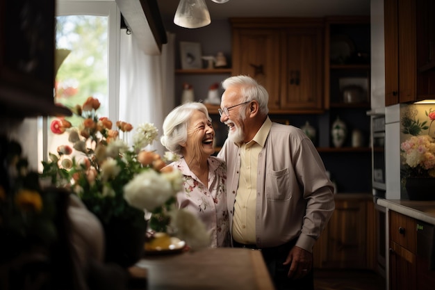 Risa feliz pareja casada hablando riendo sentados juntos abrazándose