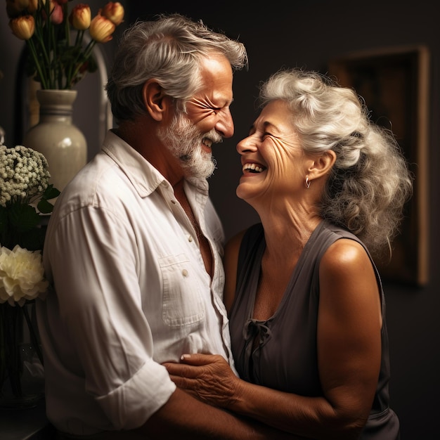 Foto risa feliz pareja casada hablando riendo sentados juntos abrazándose