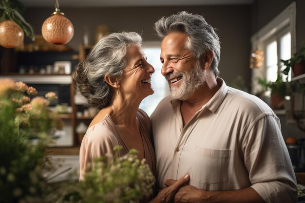 Risa feliz pareja casada hablando riendo sentados juntos abrazándose