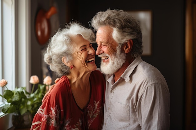 Risa feliz pareja casada hablando riendo sentados juntos abrazándose