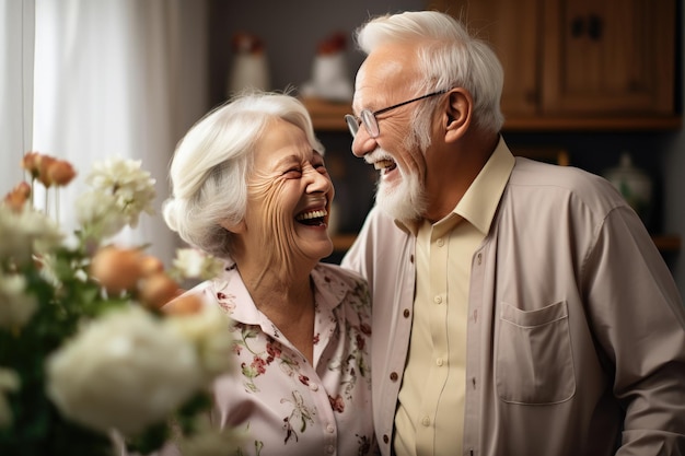 Foto risa feliz pareja casada hablando riendo sentados juntos abrazándose