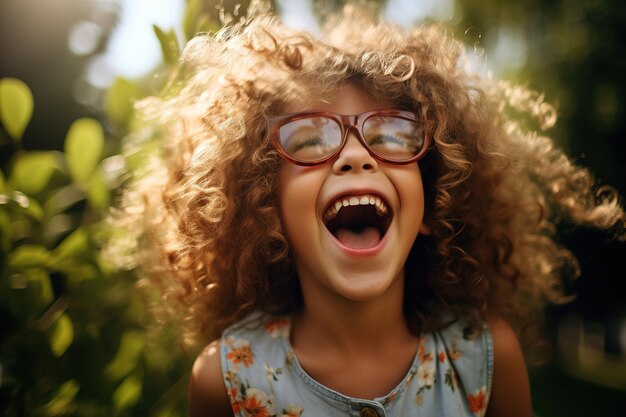 La risa del niño de pelo rizado en primer plano