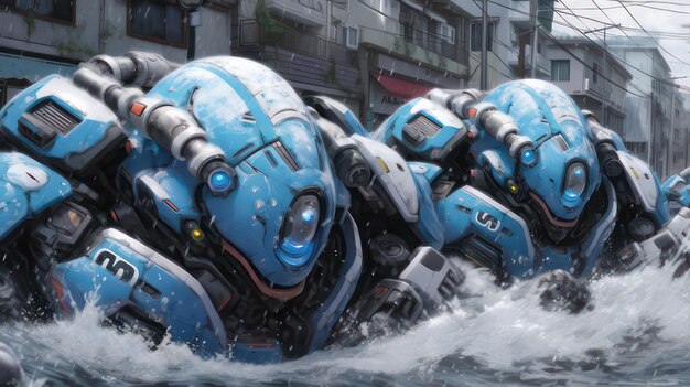 Rising Waters Rising Guardians Anime-Roboter, die überflutete Dörfer verteidigen