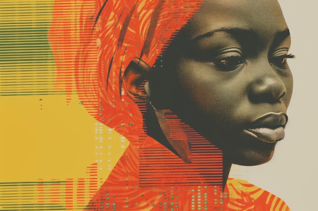 Foto risografía de retrato africano en colores rojo verde amarillo mes de la historia negra