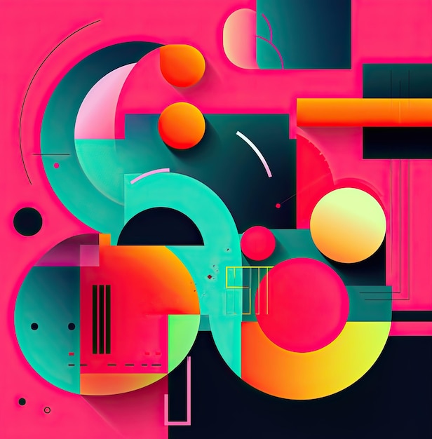 Foto risograph aesthetic of circles and straight lines geometric design made with colorful circles and lines
