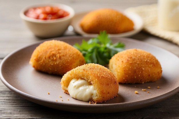 Risol mayo risoles mayo mozzarella é um pequeno patty encerrado em pastelaria ou enrolado em migalhas de pão