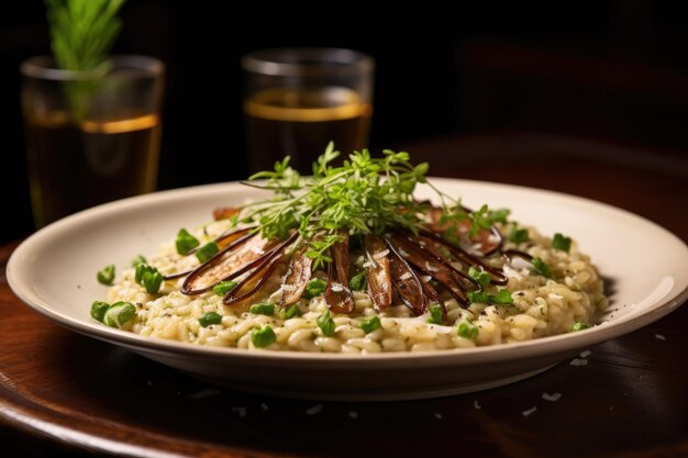 Risoto adornado com ervas frescas no prato