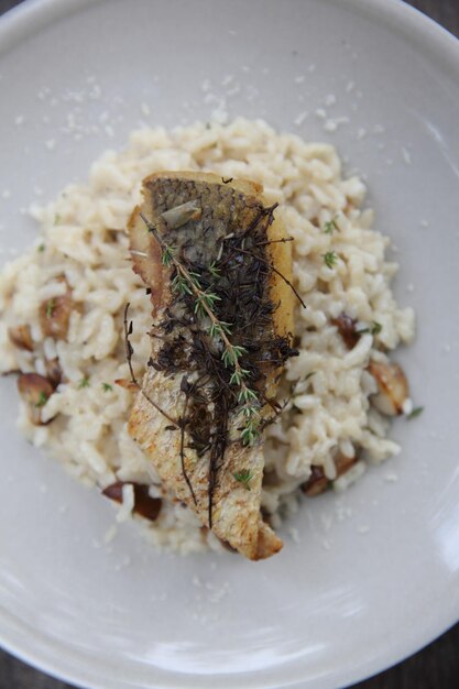 Risoto com filé de robalo em fundo de madeira, comida italiana