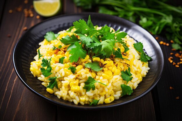 Foto risoto com grãos de milho carbonizados e folhas de coentro