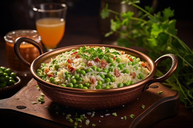 Risoto com pancetta e ervilhas servido numa tigela rústica