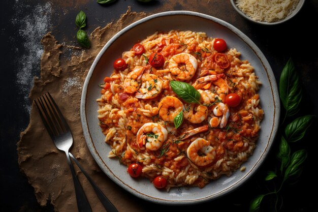 Risoto de camarão, tomate e tomilho Culinária italiana