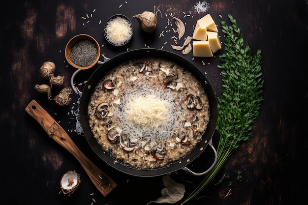 Risoto de funghi de panela de ferro com especiarias e queijo parmesão