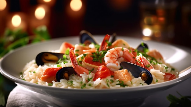 Risoto italiano tradicional com frutos do mar camarão e mexilhões tomates IA gerada