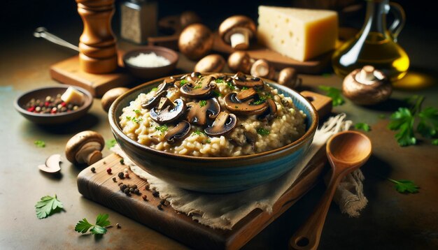 Risoto de setas cremoso en un cuenco rústico