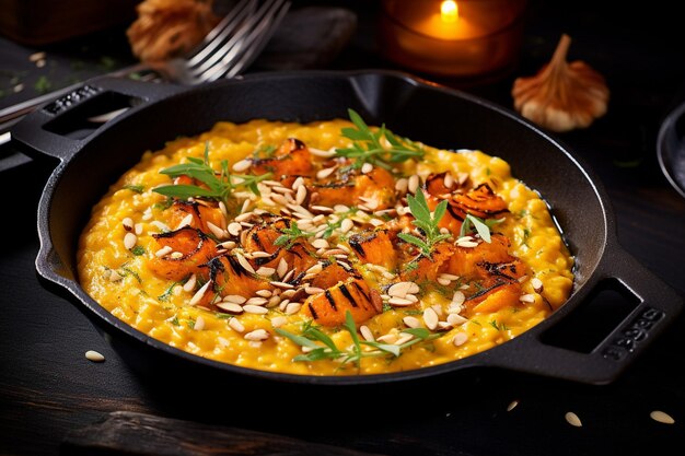 Risotto alla zucca risotto de abóbora adornado com sementes de abóboras assadas