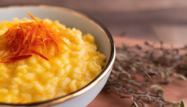 Risotto de azafrán dorado en un cuenco profundo