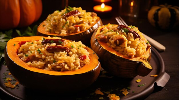 Risotto de calabaza y salchichas servido al horno