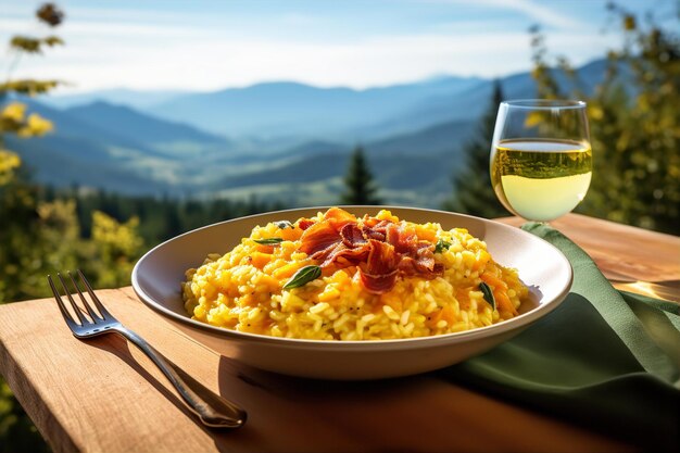 Foto risotto de calabaza con tocino crujiente y cerveza para el almuerzo en el área al aire libre con fondo de naturaleza de la colina