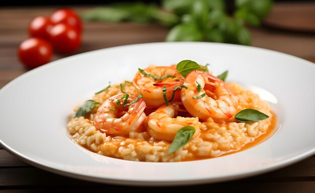 Foto risotto con camarón en un tazón blanco en una mesa