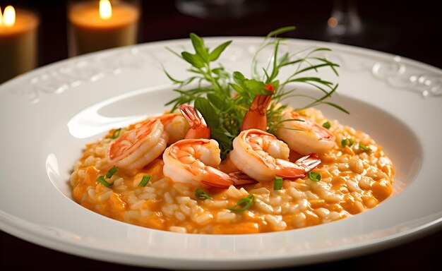 Foto risotto con camarón en un tazón blanco en una mesa