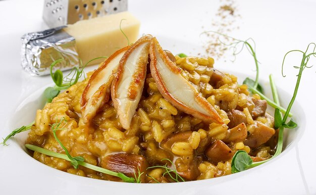 Risotto con champiñones sobre un fondo blanco.