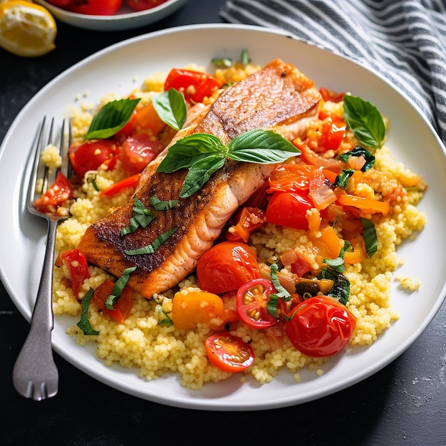 Risotto de cuscús con salmón y tomate