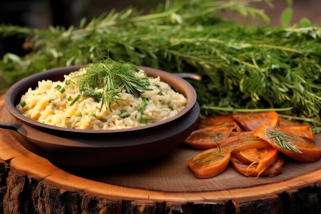 Risotto de fogata adornado con hierbas en plato de madera creado con ai generativo