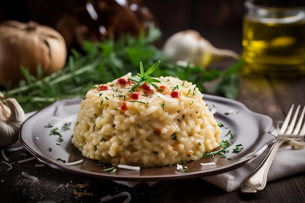 Risotto italiano Un plato de risotto con pimiento rojo encima