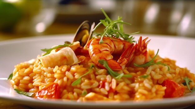 Risotto italiano tradicional con mariscos, camarones y tomates mejillones Generado AI