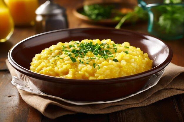 Risotto Milanese servido em uma tradicional tigela de cerâmica italiana