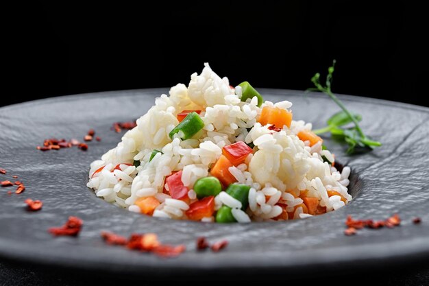 Risotto mit Gemüse auf schwarzem Hintergrund