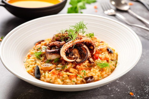 Risotto mit Oktopus und Muscheln auf dunklem Hintergrund