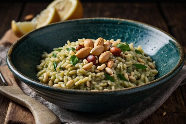 Foto risotto de pesto con nueces de pino