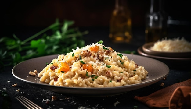 Risotto recién cocinado en un plato rústico de madera generado por IA