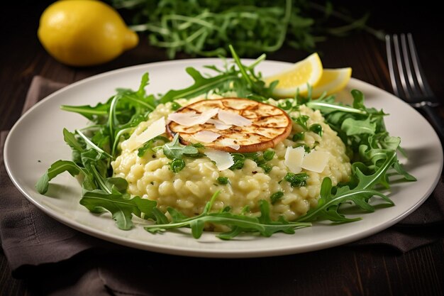 Risotto servido en un lecho de rúcula con vinagre de limón