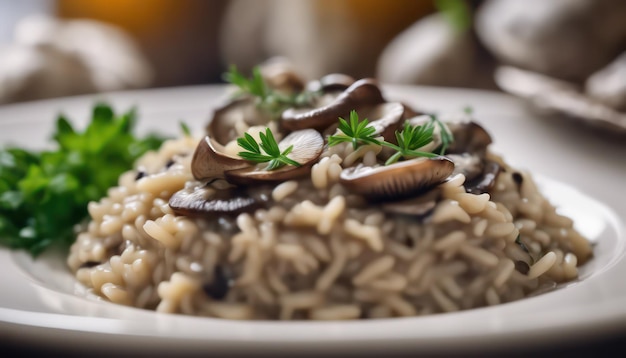 Un risotto de setas gourmet en una elegante vajilla