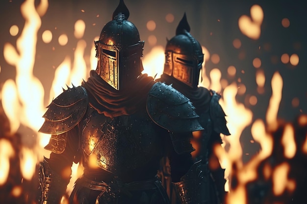 Ritter auf dem Schlachtfeld nach dem Sieg Alles brennt Ritter sind Krieger in Rüstungen und Helmen Medieval Fantasy Battle