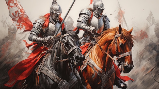 Ritter auf einem Pferd mit Schwert und Schild.