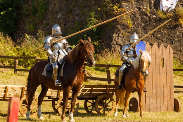 Ritter in mittelalterlicher Rüstung zu Pferd. Foto in hoher Qualität