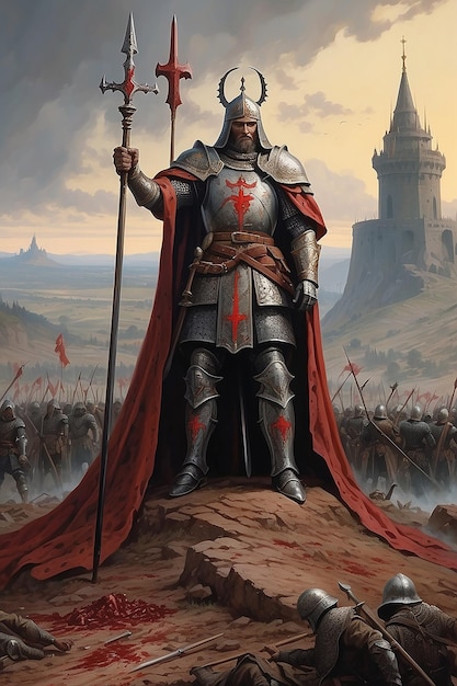 Ritter mit Schwert auf dem Schlachtfeld mit dunklen Wolken Blut und Schmerz des Krieges