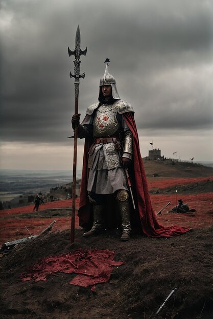 Ritter mit Schwert auf dem Schlachtfeld mit dunklen Wolken Blut und Schmerz des Krieges