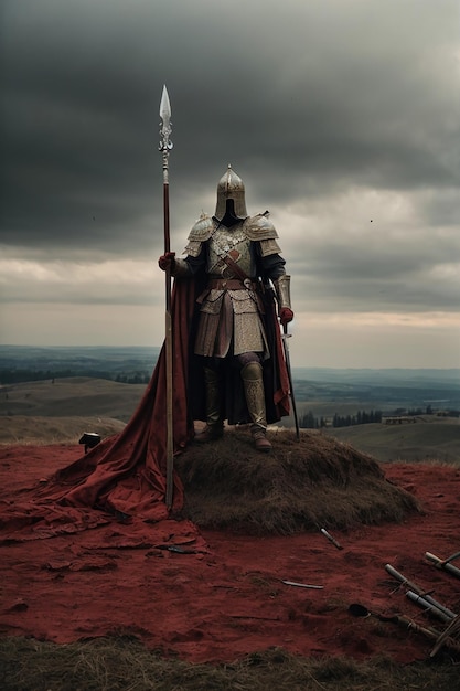 Ritter mit Schwert auf dem Schlachtfeld mit dunklen Wolken Blut und Schmerz des Krieges